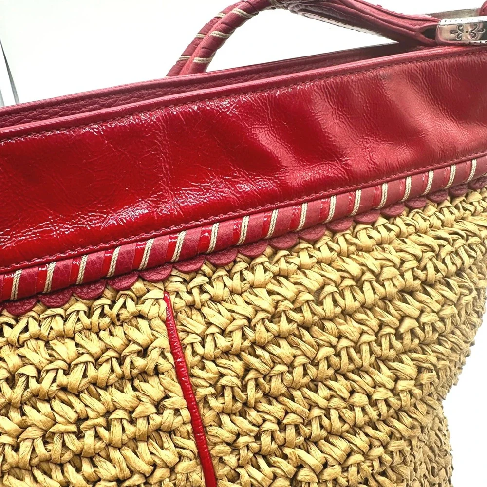 Vintage Brighton Straw Tote Bag Red Patent Leather Trim Woven Shoulder Bag Heart